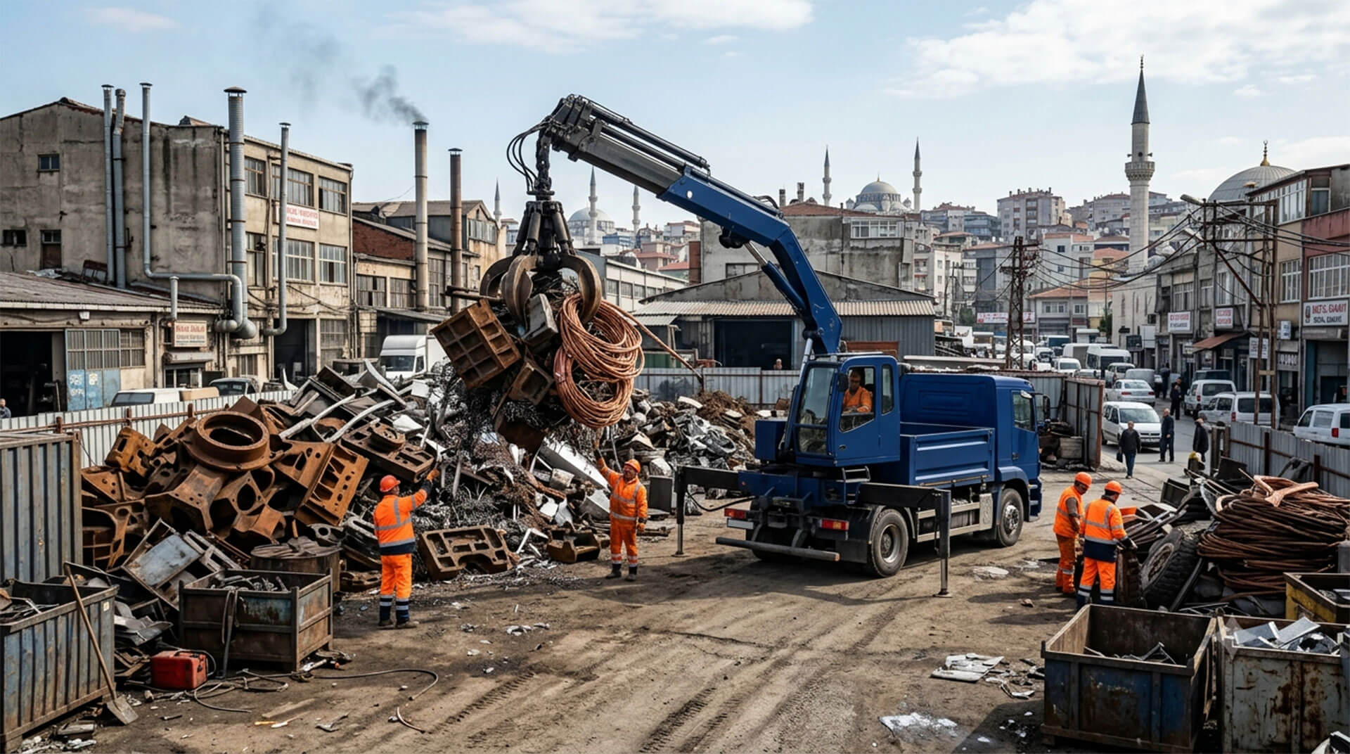 Bayrampaşa sanayi sitelerinde ve Topçular bölgesinde imalat döküm hurdası alan Hurda Demir Bakır vinçli aracı.