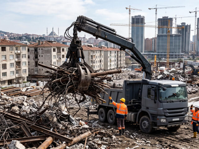 Gaziosmanpaşa kentsel dönüşüm şantiyelerinde ve Küçükköy bölgesinde hurda demir alan Hurda Demir Bakır vinçli aracı.