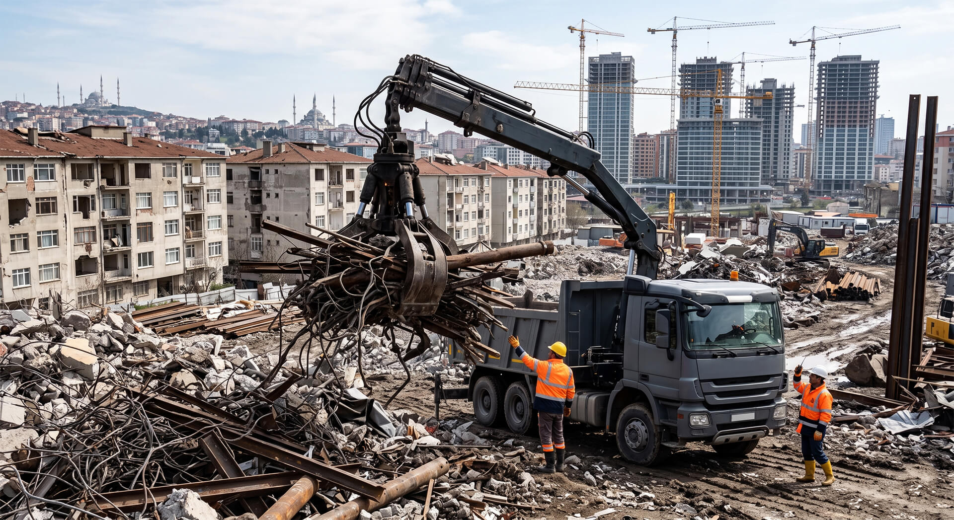 Gaziosmanpaşa kentsel dönüşüm şantiyelerinde ve Küçükköy bölgesinde hurda demir alan Hurda Demir Bakır vinçli aracı.