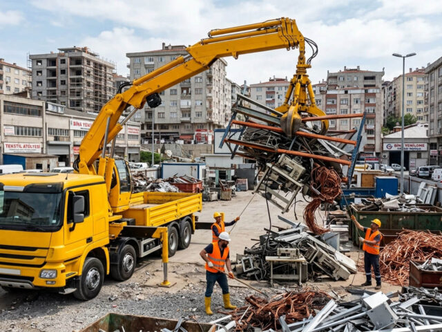 Güngören Merter tekstil merkezinde makine hurdası ve Tozkoparan şantiyesinde demir alan Hurda Demir Bakır vinçli aracı.