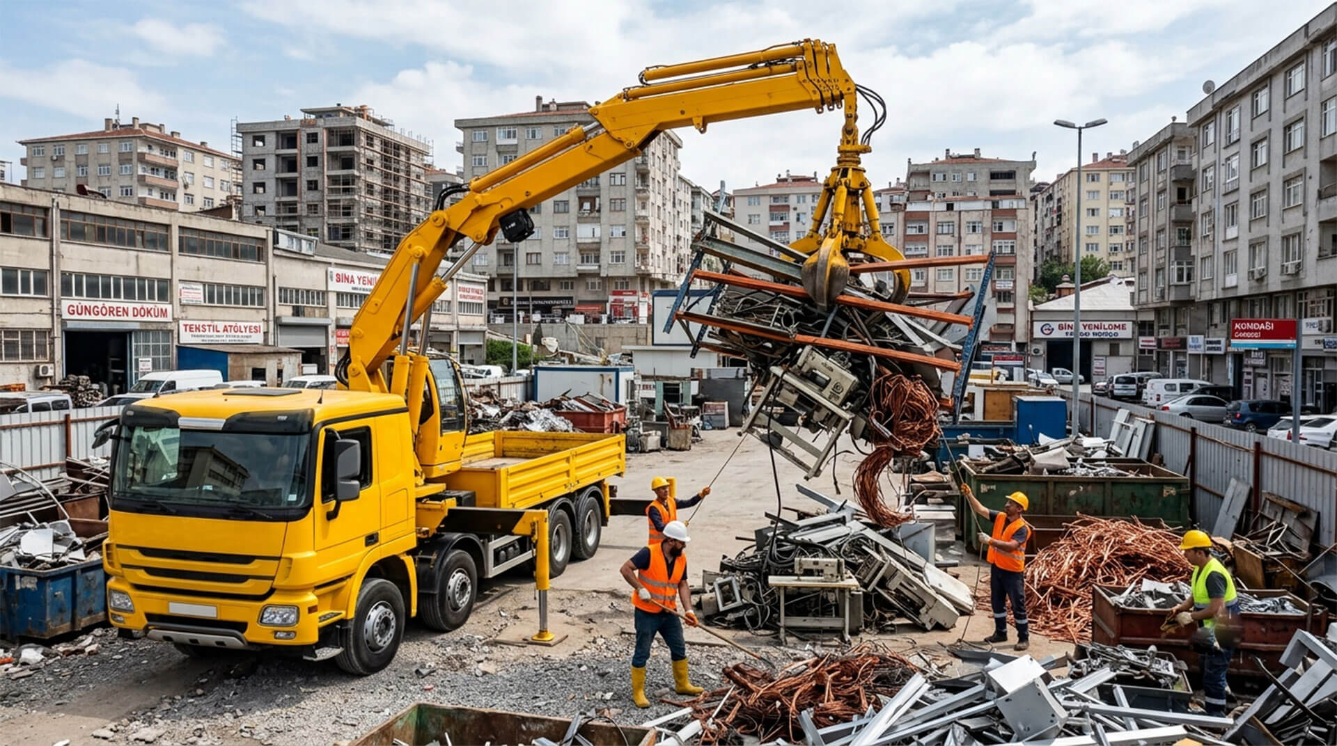 Güngören Merter tekstil merkezinde makine hurdası ve Tozkoparan şantiyesinde demir alan Hurda Demir Bakır vinçli aracı.