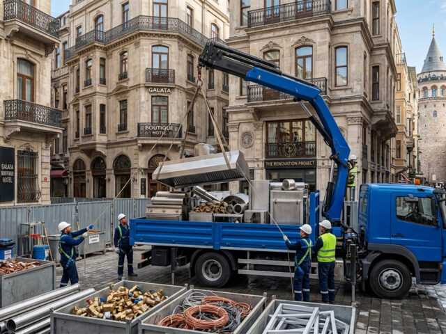 Beyoğlu Karaköy'de sarı bakır hurdası ve Taksim'de otel söküm paslanmaz kromu alan Hurda Demir Bakır aracı.