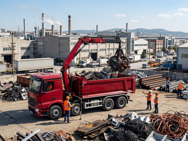 Esenyurt Kıraç sanayi bölgesinde imalat talaşı ve fabrika söküm hurdası alan Hurda Demir Bakır vinçli tırı.
